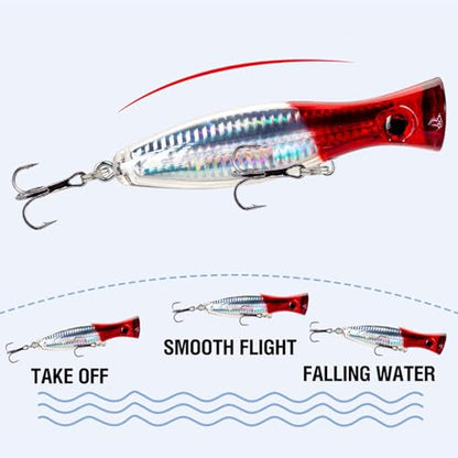 Large Top Water Popper, 4pcs 3D Eyes Tuna Popper, Saltwater Poppers Fishing Lures for Surf Fishing, Bluefish,Fishing Gt Tuna Kingfish Large Predator Fish (4.7IN) (4)