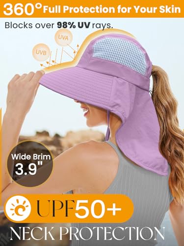 Sun Hats for Women UV Protection with Neck Flap Wide Brim Beach Hats with Ponytail Hole for Hiking Fishing Gardening Travel - color: Dark Purple
