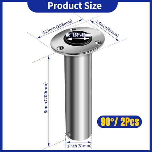 2 Pack Fishing Rod Holders, Heavy Duty Stainless Steel Flush Mount Rod Holders with Liner, Available in 15° 30° 90° for Boats & Yachts