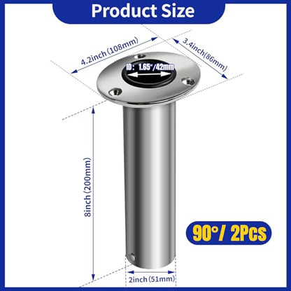 2 Pack Fishing Rod Holders, Heavy Duty Stainless Steel Flush Mount Rod Holders with Liner, Available in 15° 30° 90° for Boats & Yachts