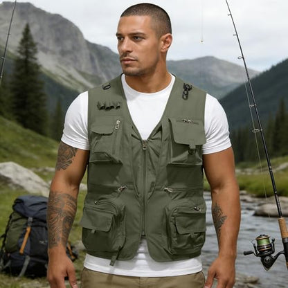 Men's Fishing Vest Casual Utility Lightweight Cargo Vest with Multi Pockets Outdoor Safari Photo Travel Jacket Vest - color: Y002- Army Green, size: Small