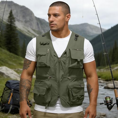 Men's Fishing Vest Casual Utility Lightweight Cargo Vest with Multi Pockets Outdoor Safari Photo Travel Jacket Vest - color: Y002- Army Green, size: XX-Large