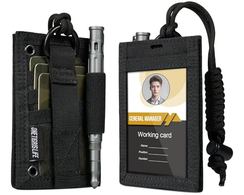 OneTigris Tactical ID Card Holder Hook & Loop Patch Badge Holder Neck Lanyard Key Ring and Credit Card Organizer (Black) - color: Black