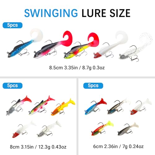 15PCS Lifelike Paddle Tail Swimbaits with Jig Heads, Pre-Rigged Soft Plastic Bass Fishing Lures Set, 6 Styles Trolling Baits for Freshwater & Saltwater, Includes Tackle Box