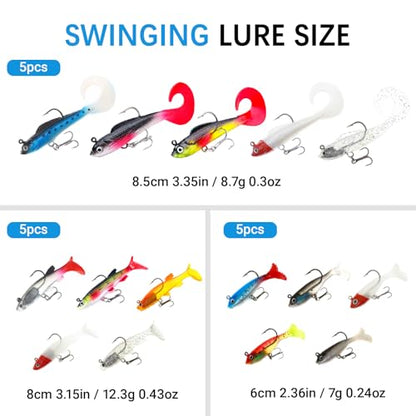 15PCS Lifelike Paddle Tail Swimbaits with Jig Heads, Pre-Rigged Soft Plastic Bass Fishing Lures Set, 6 Styles Trolling Baits for Freshwater & Saltwater, Includes Tackle Box