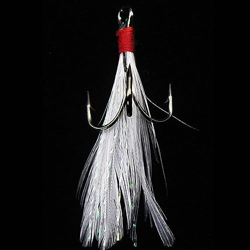 20Pcs Treble Fishing Hooks with Feather Size Stainless Steel Barbed Sharp Triple Fishhook with Box for Saltwater Freshwater - color: 20pcs-White Feather, size: 8#