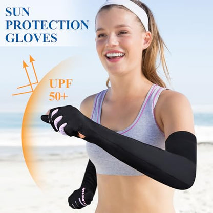 2 Pairs UV Protection Gloves Full Arm Sunblock Gloves with Ventilation Holes, Summer Sun Protection Gloves for Driving - color: 2 Black
