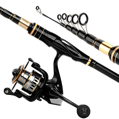 Carbon Fiber Telescopic Fishing Rod Reel Combo with Compact Carrier Bag | Portable Collapsible Spinning Pole Reel Kit Fishing Gear Set Travel Fishing Rod Kit Fishermen Gift for Freshwater Saltwater