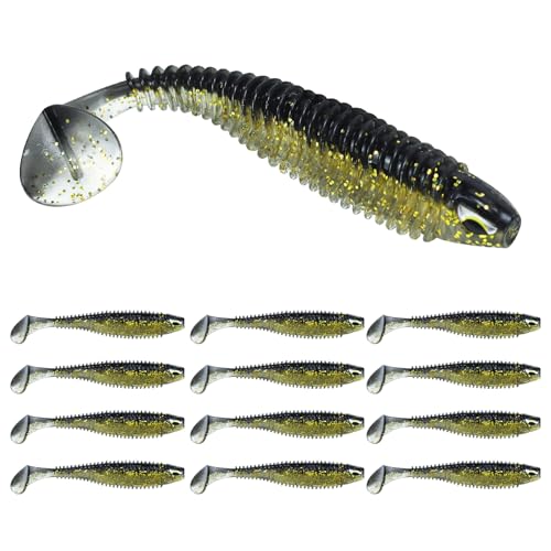 3D Eyes Paddle Ribbed Bait, 2.5in 3in 4.1in Soft Plastic Paddle Tail Swimbaits Fishing Lures for Bass Fishing Freshwater Saltwater 12/20/25 PCS - color: Black, size: 4.1in(10.5cm)-12PCS