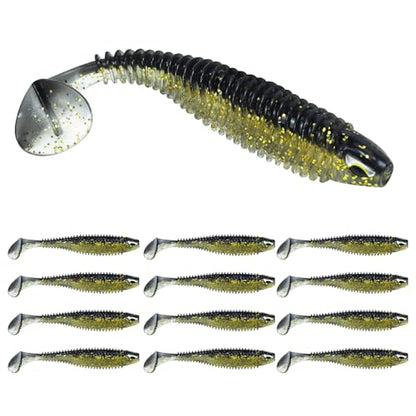 3D Eyes Paddle Ribbed Bait, 2.5in 3in 4.1in Soft Plastic Paddle Tail Swimbaits Fishing Lures for Bass Fishing Freshwater Saltwater 12/20/25 PCS - color: Black, size: 4.1in(10.5cm)-12PCS