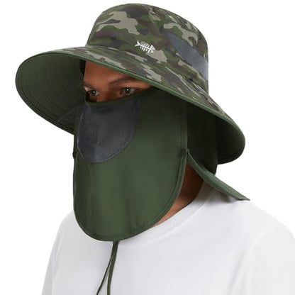 BASSDASH UPF 50+ Breathable Sun Hat with Removable Face Cover and Neck Flap Wide Brim Bucket Hat for Fishing Hiking Men Women - color: Army Green Camo/Army Green