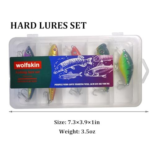 WOLFSKIN Fishing Lures Kit, Fishing Baits Set, Included Crankbaits, Curly Tail Jigs, Spoons, Hooks, Weights, Fishing Accessories with Tackle Box, for Carp, Bass, Freshwater Saltwate - color: 5p hard lures