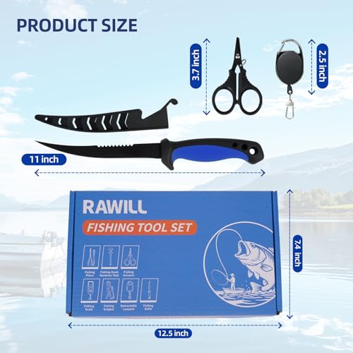 RAWILL Fishing Kit,Filleting Knife,Hook Remover,Fish Grip, Line Cutter,Fishing Scale, Pliers with Lanyards,Not Include Batteries - color: Blue