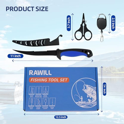 RAWILL Fishing Kit,Filleting Knife,Hook Remover,Fish Grip, Line Cutter,Fishing Scale, Pliers with Lanyards,Not Include Batteries - color: Blue