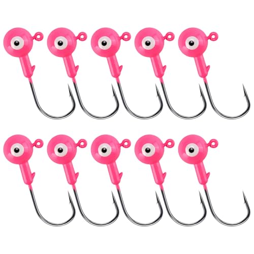Alwonder 10-Pack Round Fishing Jig Heads, Bass Ball Jigs Hooks 3D Eyes High Carbon Steel 1/8-1/2OZ Pompano Jig Head Saltwater Freshwater Jigs Heads for Fishing Pompano Bass Trout Walleye Striper - color: Pink, size: 1/2oz