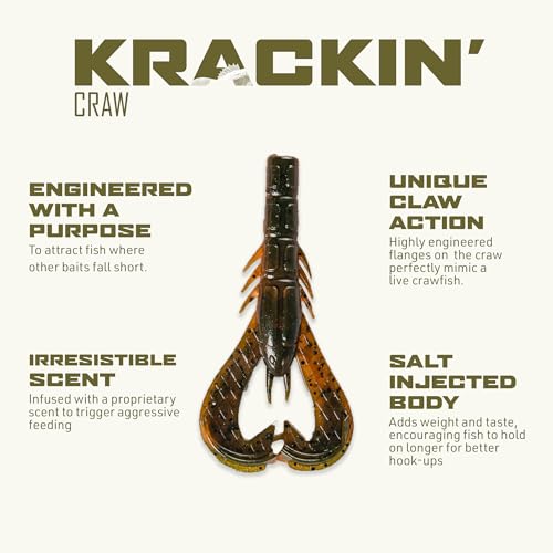 Googan Squad Krackin' Craw Soft Plastic Crawfish Bait for Bass Fishing – Patented V-Ridge Claws, Salt-Injected, Slaunch Sauce Scent (6pk) - color: Alabama Craw, size: 4"