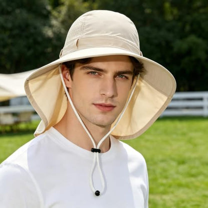 2Pack Sun Hat for Men Women with Neck Flap | UPF 50+ Wide Brim and Ponytail Hole Hiking Fishing Bucket Hat - color: 2pcs-beige&light Gray