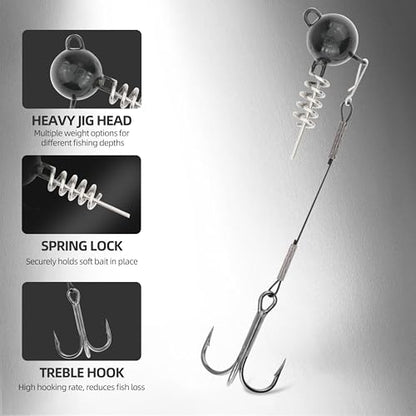 Fishing Rig with Weighted Jig Head and Treble Hook – Screw Lock Bait Keeper for Soft Lures, 3PCS Pack for Saltwater and Freshwater Fishing - size: 3/8oz, style: Single