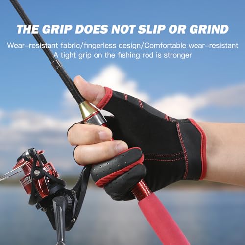 SUJAYU Fishing Gloves Men Women, Anti-Slip Suede Fabric Kayak Gloves, 3-Cut Fingers Fly Fishing Accessories - color: Black+Red, size: Small-Medium