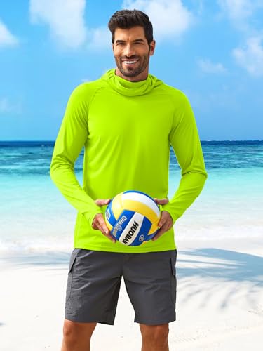 PINSPARK Men's Sun Protection Hoodie with Mask UPF 50+ UV Long Sleeve Shirt Men Rash Guard Performance Fishing Hiking Shirt - color: Lemon Green, size: XX-Large