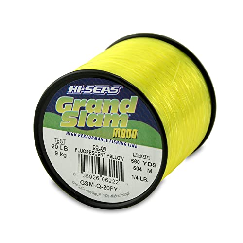 HI-SEAS Grand Slam Monofilament Fishing Line - Strong & Abrasion Resistant in Clear, Pink, Green, Smoke Blue, Fluorescent Yellow Freshwater & Saltwater – Quarter Pound Spool - color: Flourescent Yellow, style: 20 Lb Test, 0.45 Mm Dia, 660 Yd