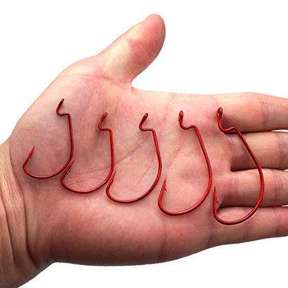 50pcs Fishing Worm Hooks High Carbon Steel Wide Gap Offset Saltwater Freshwater Extra Strong Circle Jig Worm Fishing Hooks for Bass Trout with Box Packed #1/0-5/0 - color: red