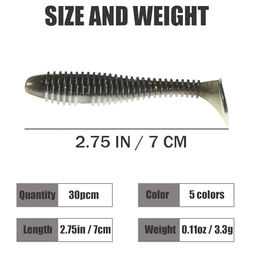 Paddle Tail Swim Baits，30Pcs Soft Plastic Fishing Lures Kit for Bass Crappie Trout Walleye Panfish Etc