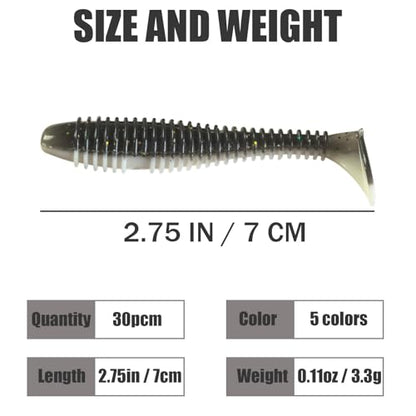 Paddle Tail Swim Baits，30Pcs Soft Plastic Fishing Lures Kit for Bass Crappie Trout Walleye Panfish Etc