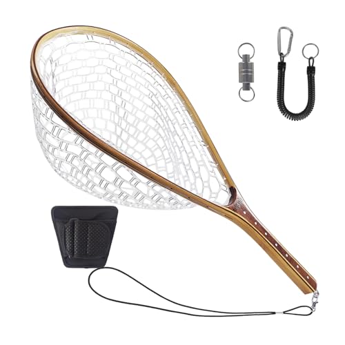 Aventik Fly Fishing Landing Net for Trout Soft Rubber Ghost Mesh Catch and Release Wooden Frame Lightweight and Tangle-Free - style: Round Head+magnet+net Holder