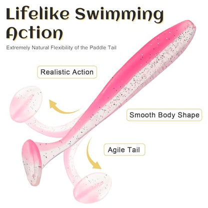 30pcs Soft Plastic Fishing Lures Paddle Tail Swimbaits Soft Baits Lure for Bass Crappie Trout Shad Freshwater Saltwater Fishing Mixed 3.5 Inch 4.7 Inch Swim Bait Kit with Box - color: White, Black, Pink, Orange, Yellow *6
