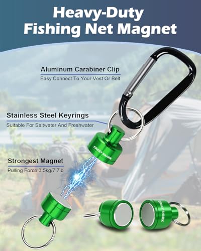 Magnetic Net Release for Fly Fishing, Aluminum Magnetic Quick Release Keychain, Fly Fishing Net Magnet Holder Retractor with Carabiner - color: GREEN D-2PC