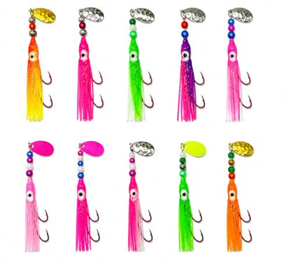 Squid Fishing Hoochies 10 Pack -Glow Fresh Water Kokanee Salmon Trolling Lures with Pre-Rigged Octopus Hooks - Spinner Blades, Synthetic Skirts Kokanee Hoochies for Salmon Fishing - style: Squid Fishing Hoochies 10-pack
