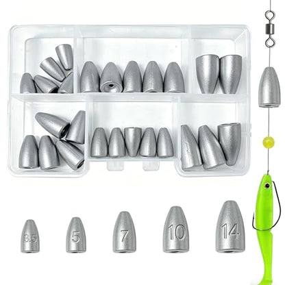 Fishing Weights Sinkers Kit Bullet Weights Bass Weights Worm Weights Slide Sinkers for Fishing Line Saltwater Freshwater - size: 25pcs