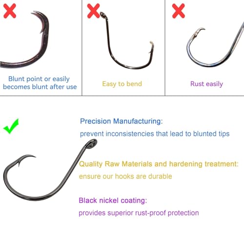 50Pcs Circle Hooks with Fishing Hook Remover, Super Sharp and Offset Catfish Octopus Circle Hooks for Saltwater and Freshwater, Nickel Coated High Carbon Steel, Sizes #1-8/0 - color: Black Nickel, size: 1/0, 2/0 - 25pcs each size