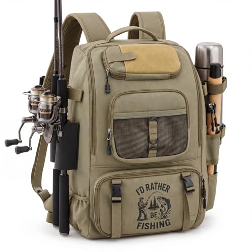 Fishing Tackle Backpack with Rod Holders, Gift for Fishermen Fishing Lovers, 40l Water Resistant Tackle Storage Bag with Adjustable Compartments, Large Capacity