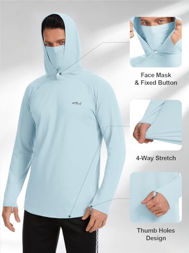 Men's UPF 50+ Sun Protection Hoodie Lightweight Quick Dry Fishing Shirts Long Sleeve Rash Guard with Mask - color: Light Blue, size: 3X-Large