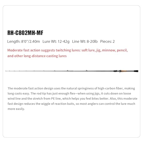 PURELURE Sharpen Fishing Rod 6'5''-9'2'' Spinning & Casting Rod L/ML/M/MH/H | M40JB+T1100G Carbon Fiber Blank, XF/MF Action Fishing Pole 2 Piece, Carbon Reel Seat Cork and EVA Handle, Fuji Guides - style: Casting: C802mh-mf-2pcs