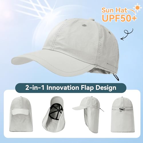 Zando Sun Hats with Neck Flap for Men UPF 50+ Waterproof Baseball Cap Adjustable Breathable Outdoor Hiking Fishing Hat - color: Light Grey