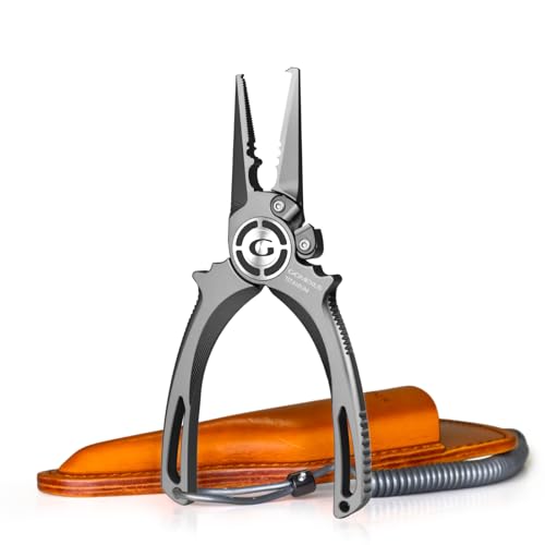 GOMEXUS Fishing Pliers Saltwater with Side Cutters, Never Rust Inshore & Nearshore Titanium Fishing gear with Lanyard & Leather Sheath, Hook Remover, (7'' Split Ring Nose) - color: Split Ring Nose
