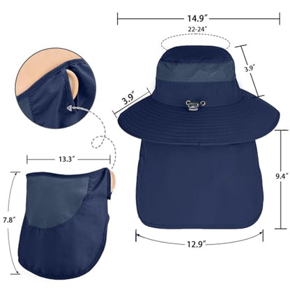 Sun Hats for Men Women Fishing Hat UPF 50+ Breathable Wide Brim Bucket Hats Summer UV Protection Safari Hat with Neck Flap - color: Navy Blue (With Face Cover)