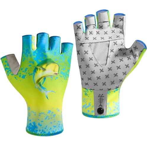 BASSDASH Unisex UPF 50+ Half Finger Sun Gloves Fingerless Breathable UV Protection for Fishing Hiking Kayaking Rowing FG02 - color: Mahi, size: X-Large