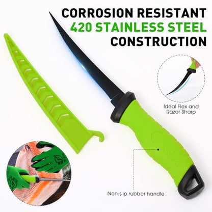 RoundFunny 10 Pcs Fishing Tool Kit, Fishing Pliers with Lanyard and Protective Sheaths, Landing Net, Fillet Knife, Fish Scale, Gripper, Hook Remover, Braid Scissors, Gloves for Men Dad Gift - color: Green