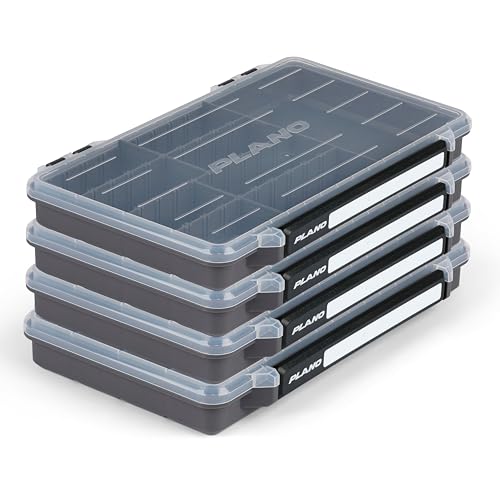 Plano StowAway 3600 50/50 Split Stow Tackle Box, 4-Pack, Corrosion-Preventive Rustricor, Single Latch Design, Transparent DuraView Lid, Stackable Storage for Fishing Bait, Lures and Gear - size: 3600 50/50 Split 4-Pack, style: New Model