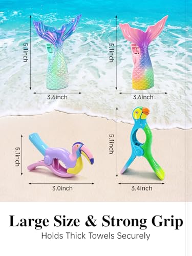 Towel Clips for Beach Chairs, 8 Pack Heavy Duty Beach Towel Clips - Cute Ocean Series with Mermaid/Flamingo/Parrot Designs, Windproof Clothespins for Cruise, Pool & Patio - style: Mermaid Tail + flamingo + parrot