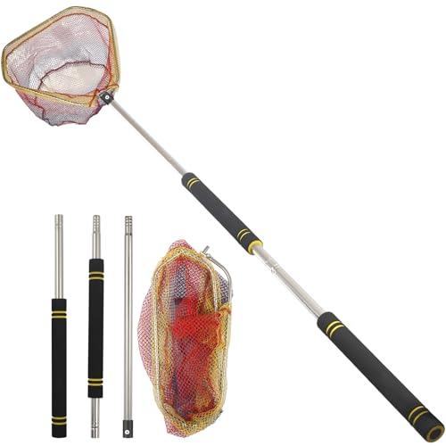Fishing Landing Net, Fishing Net with Handle for Fishing with Splicing Extension Pole Handle Sturdy Stainless Steel Tubes Comfortable Sponge Handle, yellow - size: 60inch (SPLICED black)