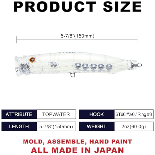 TACKLE HOUSE Feed Popper 150, Saltwater Tuna Fishing Lures, Topwater, GT, Bonito, Yellowtail, Yellowfin, Bluefin Tuna, Floating, Fishing Gear, Fishing Accessories, Fishing Tackle - color: CLEAR