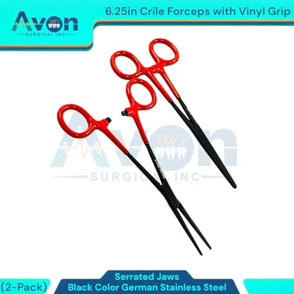 Set of 2pcs Crile Hemostat Forceps 6.25in Black Stainless Steel, Red Vinyl Grip | Multi-Purpose Locking Pliers for Lab, Crafts, Fishing