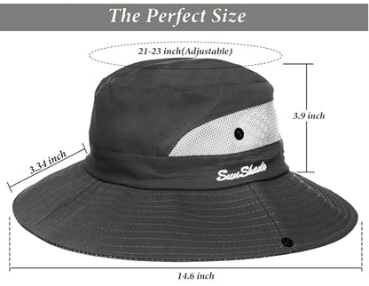 Sun Hat for Women Summer UV Protection Beach Hat Wide Brim Mesh Bucket Fishing Hat with Ponytail Hole Foldable Packable Hat - color: Grey(with Ponytail Hole)
