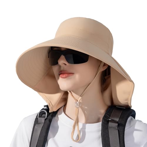 Peicees UPF 50+ Waterproof Fishing Hat with Wide Brim & Neck Flap - UV Protective Summer Sun Hat for Men Women Fishing Gear - color: Khaki