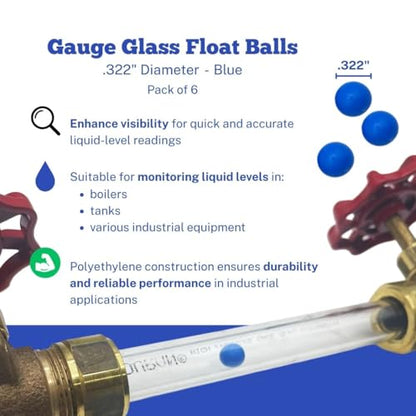 .322" Diameter Blue Gauge Glass Float Balls | Blue Float Balls for 5/8" Glass 6 Pack | Boiler Liquid Level Sight Gauge Balls